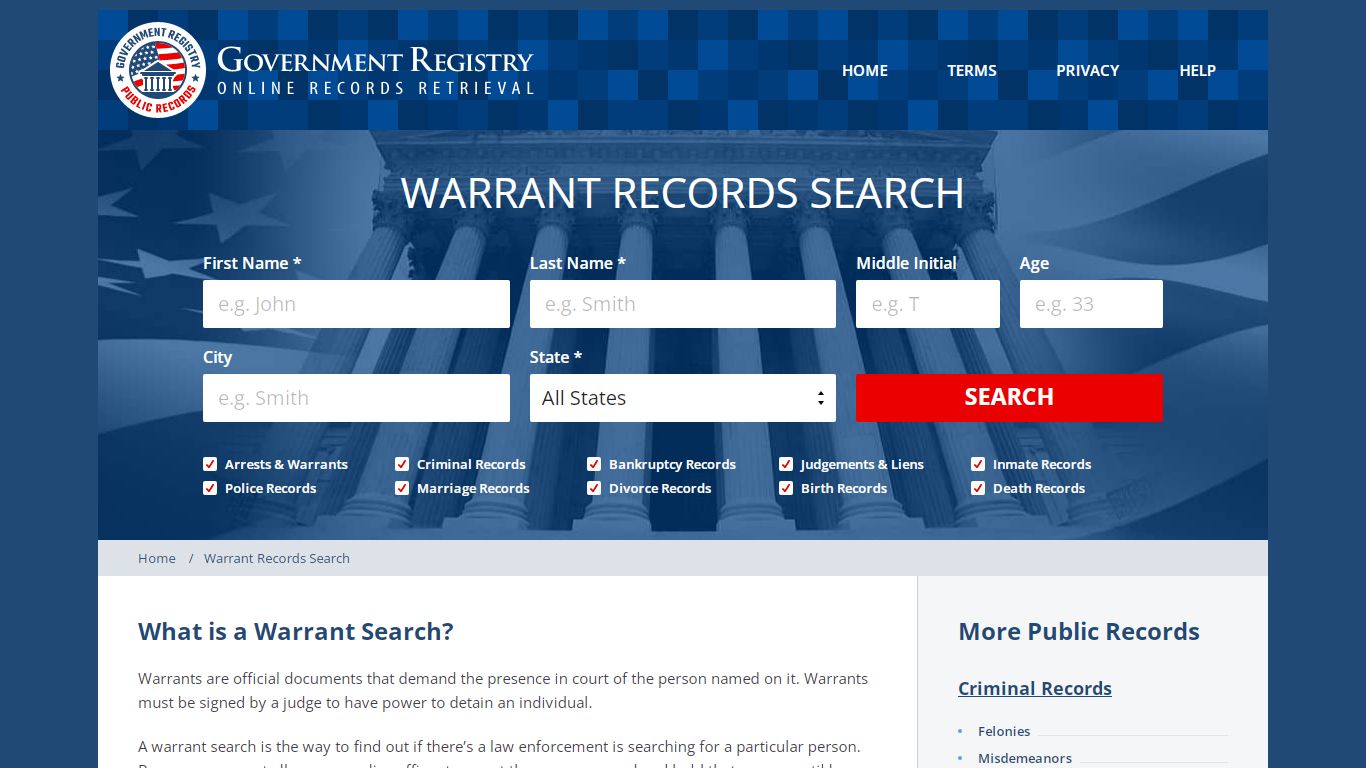 Warrants | Warrant Search | GovernmentRegistry.org